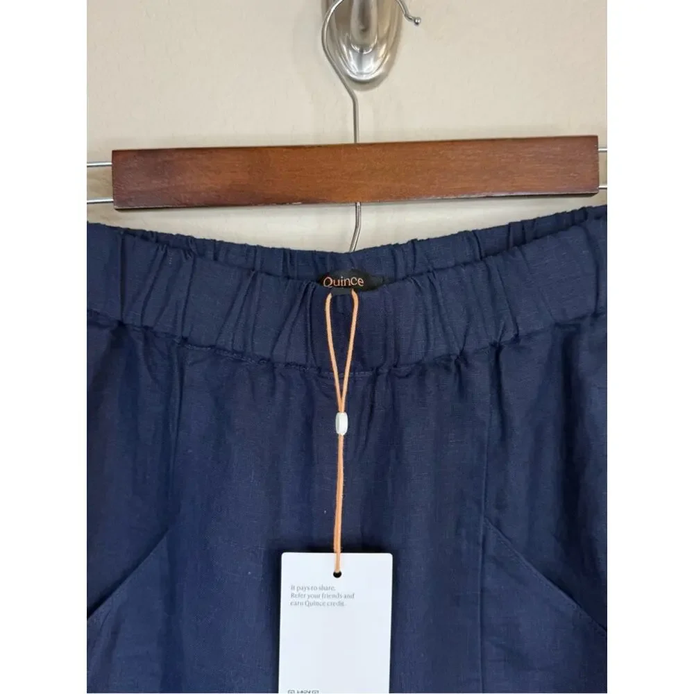 NWT QUINCE 100% European Linen Tapered Ankle Pants Elastic-Waist Deep Navy Sz S